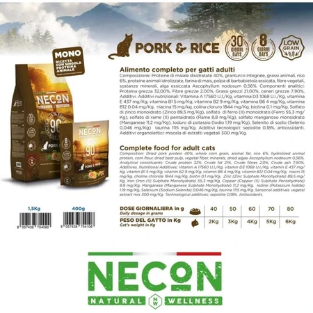 Necon Pet Food Necon Natural Wellness Cerdo y arroz - Alimento completo para gatos adultos, 400 g