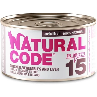 Natural Code 15 pui, legume și ficat – hrană completă pentru pisici adulte, 85 g
