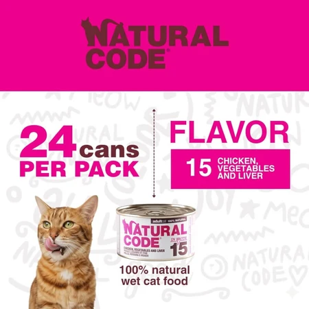 Natural Code 15 pui, legume și ficat – hrană completă pentru pisici adulte, 85 g
