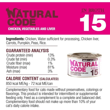 Natural Code 15 pui, legume și ficat – hrană completă pentru pisici adulte, 85 g