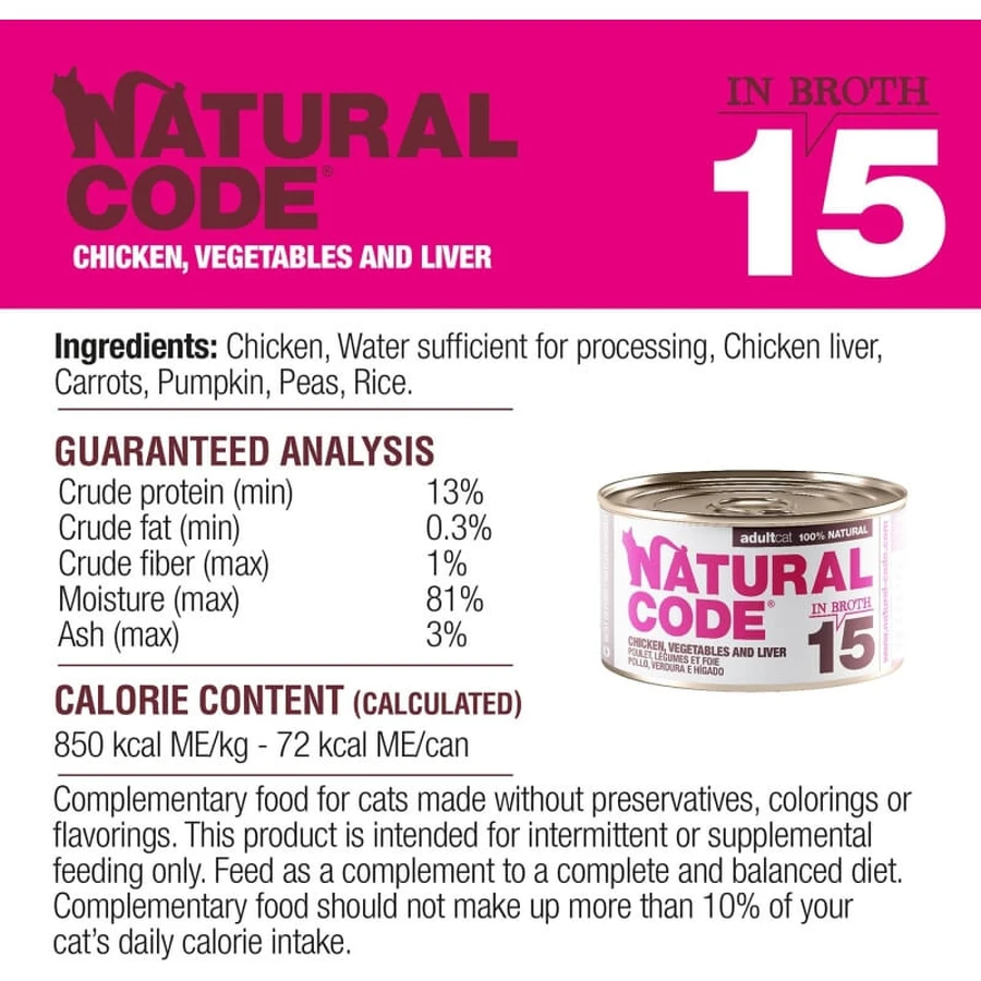 Natural Code 15 pui, legume și ficat – hrană completă pentru pisici adulte, 85 g