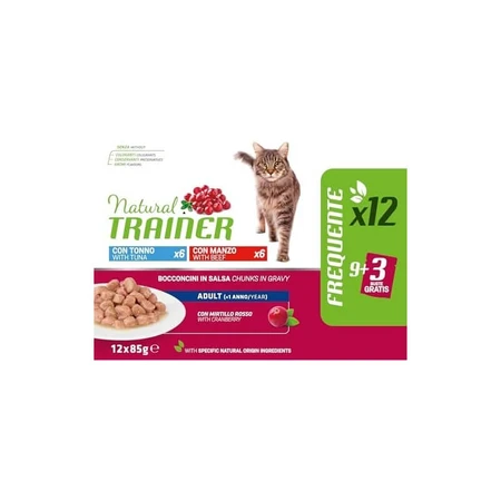 Natural Trainer Adult Tonijn en Rundvlees Bites Multipack - Volledig voer voor volwassen katten, 12 zakjes à 85 g