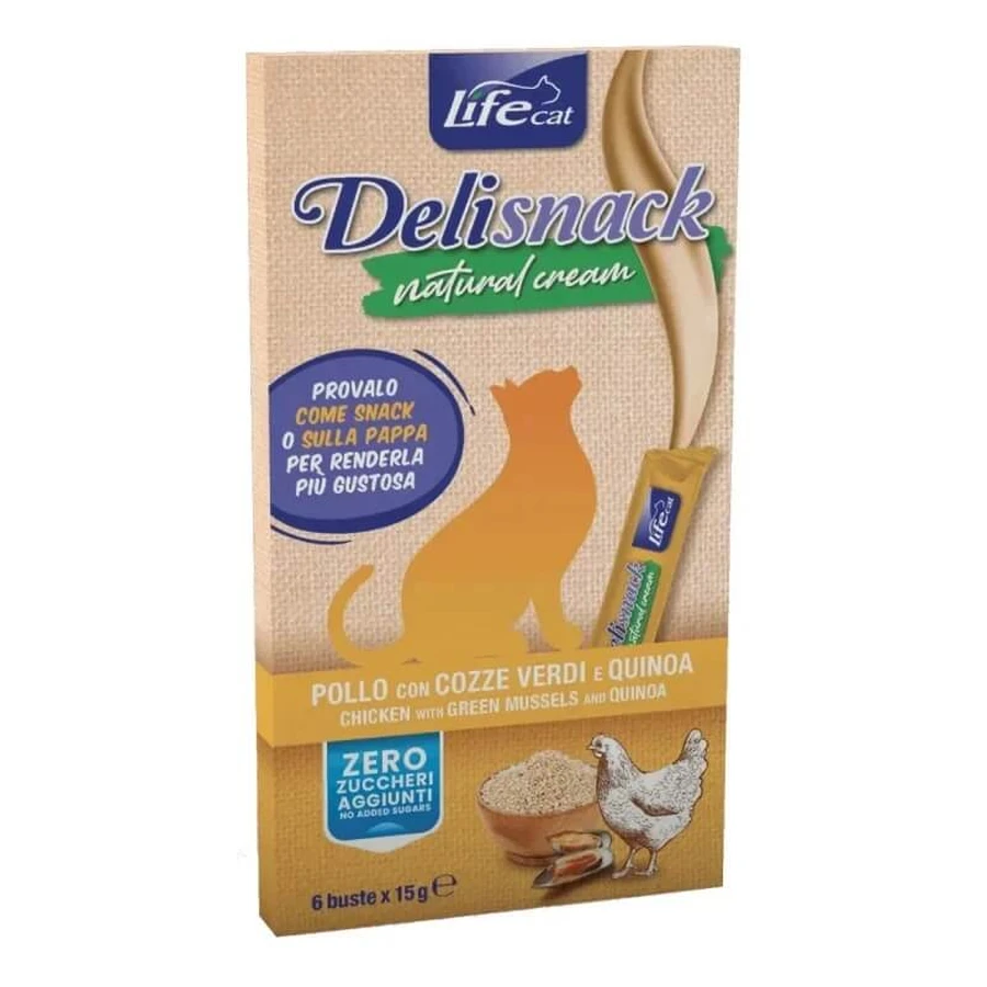 Life Petcare Deli: snack cremoso natural con pollo, mejillones y quinoa - Snack para gatos, 100 g