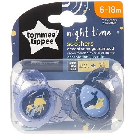 Tommee Tippee Closer to Nature - 2 Silicone Nighttime Pacifiers, 6–18 Months - Assorted Colors