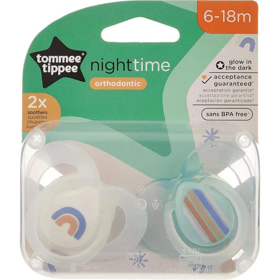 Tommee Tippee Closer to Nature - 2 Silicone Nighttime Pacifiers, 6–18 Months - Assorted Colors