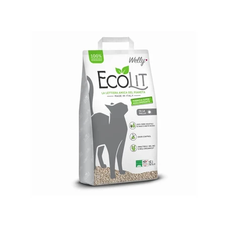 Welly Ecolit - Arena para gatos ecológica, compostable, que se aglomera de forma natural y controla los olores, 15 litros