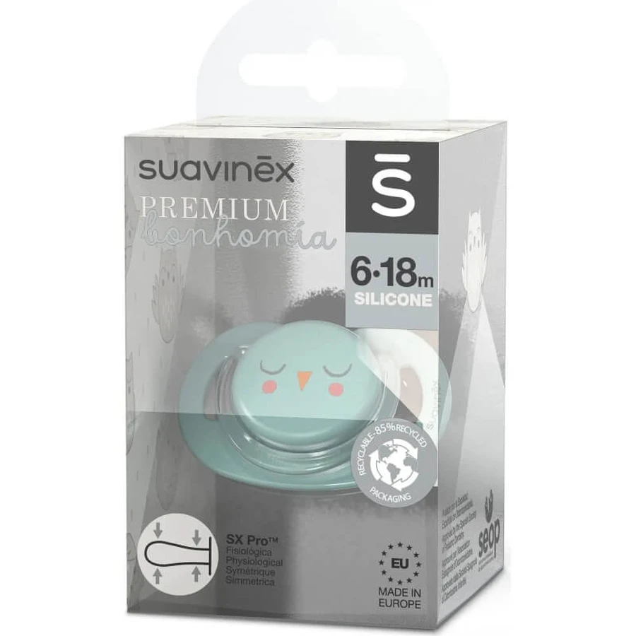 Suavinex Bonhomia – SX Pro Silikon-Schnuller 6–18 Monate – Grüne Eule