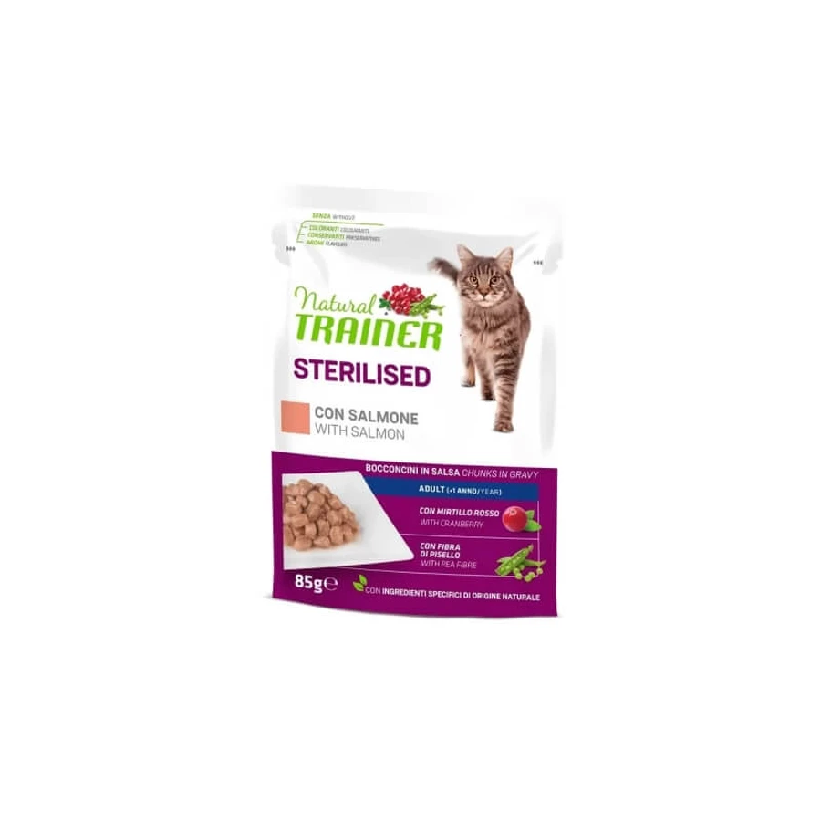 Natural Trainer Adult Sterilised Bocconcini cu somon – hrană completă pentru pisici sterilizate, 85 g
