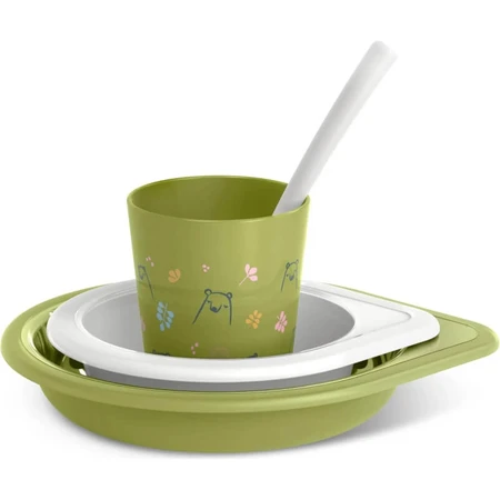 Juego de comida para bebés de Suavinex: plato llano + cuenco + vaso + cuchara - Pistacho