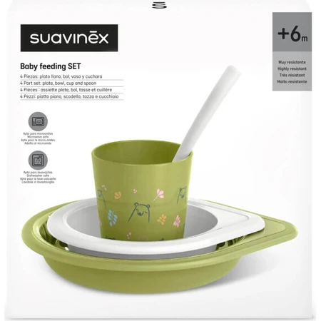 Juego de comida para bebés de Suavinex: plato llano + cuenco + vaso + cuchara - Pistacho
