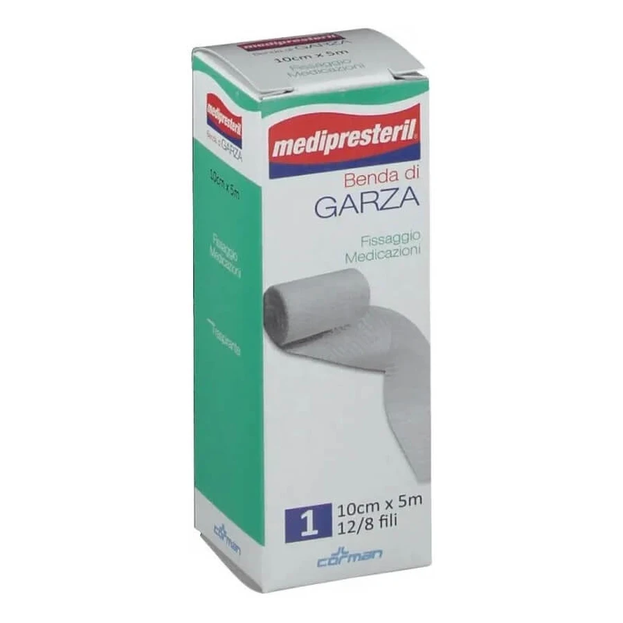 Medipresteril 12/8-thread gauze bandage for securing dressings, 10 cm x 5 meters