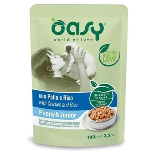 Oasy Straccetti con pollo y arroz, salsa para cachorros y perros jóvenes, 100 g