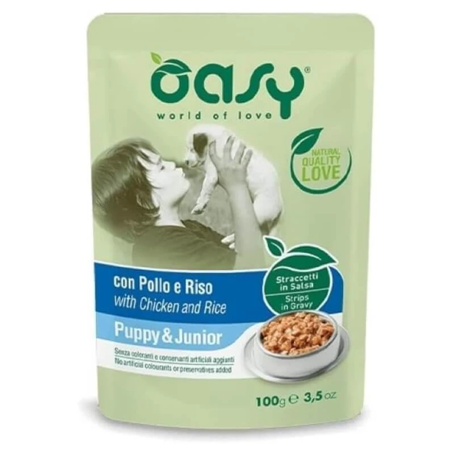 Oasy Straccetti con pollo y arroz, salsa para cachorros y perros jóvenes, 100 g