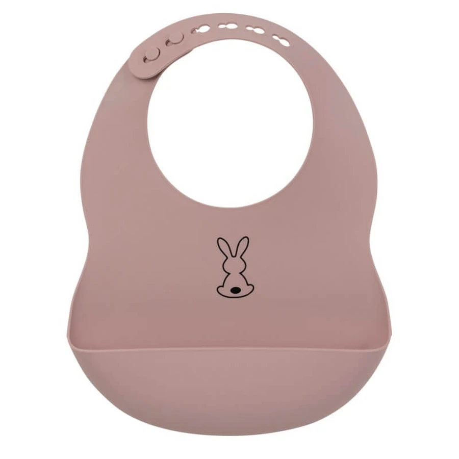 Nattou Bib with Pocket, Made of Soft, BPA-Free Silicone, in Antique Pink with a Bunny Design