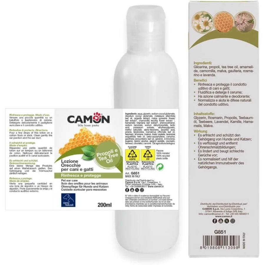 Camon Ohrlotion – Reinigung und Hygiene für Hunde und Katzen mit Propolis und Teebaumöl, 200 ml