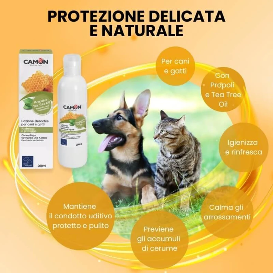 Camon Ohrlotion – Reinigung und Hygiene für Hunde und Katzen mit Propolis und Teebaumöl, 200 ml
