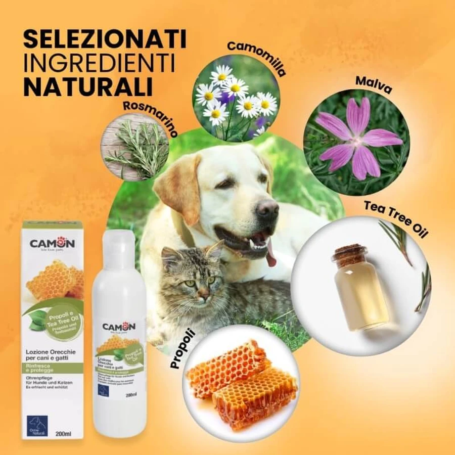 Camon Ohrlotion – Reinigung und Hygiene für Hunde und Katzen mit Propolis und Teebaumöl, 200 ml