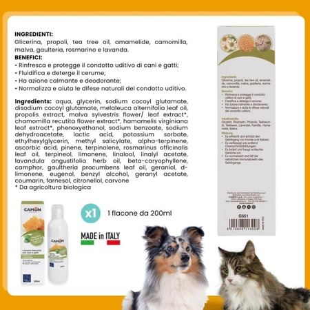 Camon Ohrlotion – Reinigung und Hygiene für Hunde und Katzen mit Propolis und Teebaumöl, 200 ml