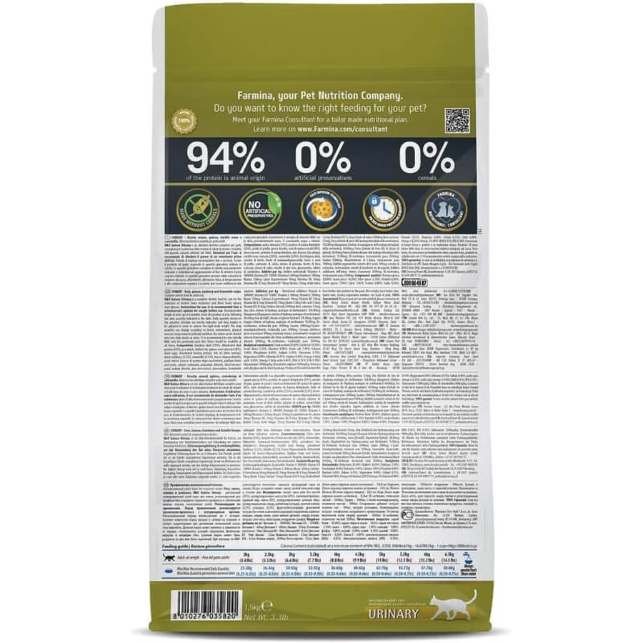 Farmina N&amp;d Quinoa Urinary Pato, quinoa, arándano rojo y manzanilla - Alimento completo para gatos adultos con problemas urinarios, 1,5 kg