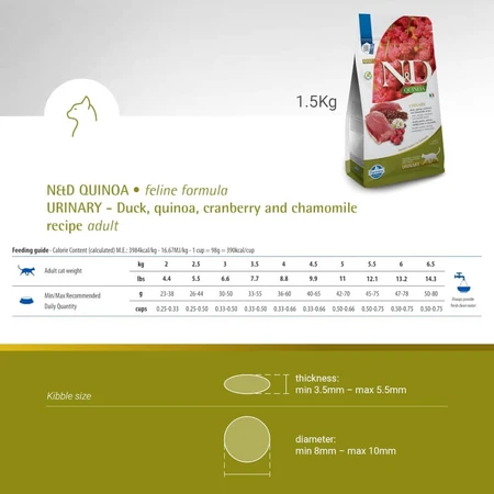 Farmina N&amp;d Quinoa Urinary Pato, quinoa, arándano rojo y manzanilla - Alimento completo para gatos adultos con problemas urinarios, 1,5 kg