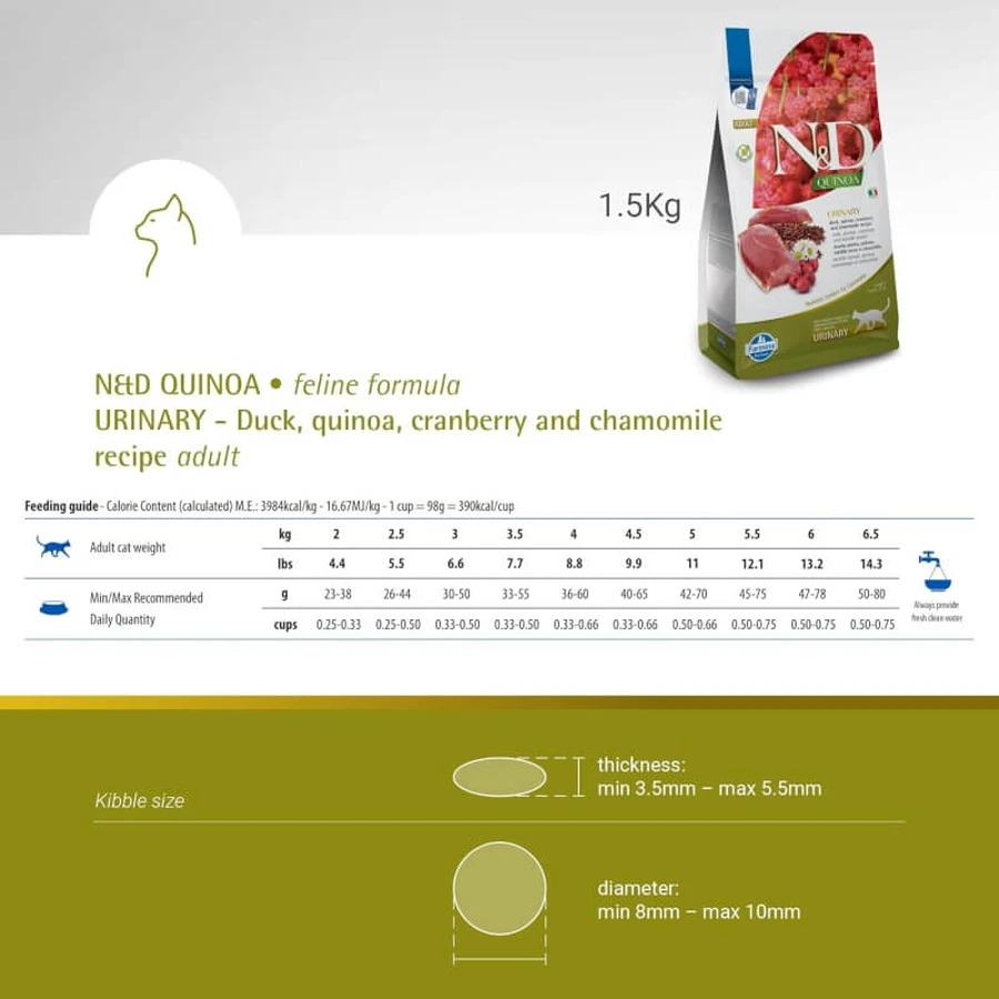 Farmina N&amp;d Quinoa Urinary Pato, quinoa, arándano rojo y manzanilla - Alimento completo para gatos adultos con problemas urinarios, 1,5 kg