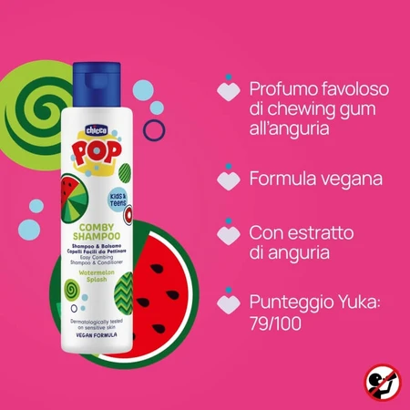 Chicco Pop – 2-in-1-Shampoo und -Spülung mit Wassermelonen-Duft für Kinder, 250 ml