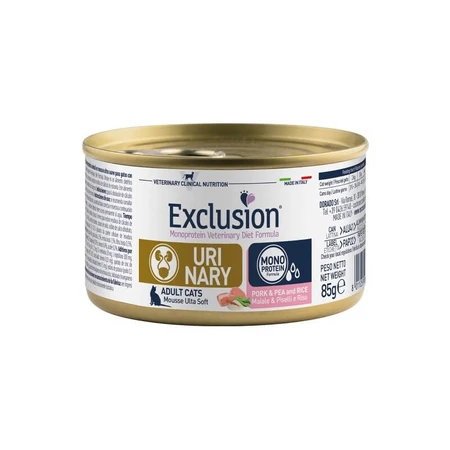 Exclusion Veterinary Diet Fórmula Urinaria con carne de cerdo, guisantes y arroz - Alimento completo en forma de mousse para gatos adultos, 85 g