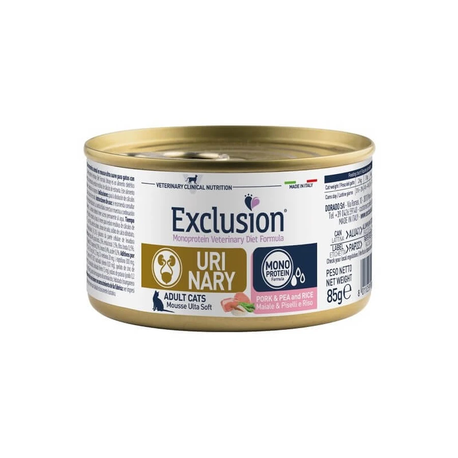 Exclusion Veterinary Diet Fórmula Urinaria con carne de cerdo, guisantes y arroz - Alimento completo en forma de mousse para gatos adultos, 85 g