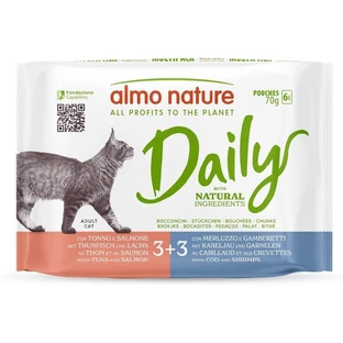 Almo Nature Daily Menu Katzenfutter-Multipack: Thunfisch, Lachs, Kabeljau und Garnelen – Alleinfuttermittel für ausgewachsene Katzen, 6 Beutel à 70 g