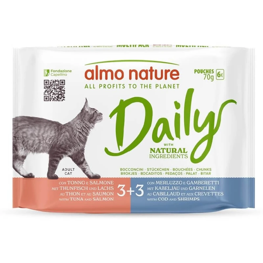 Almo Nature Daily Menu Katzenfutter-Multipack: Thunfisch, Lachs, Kabeljau und Garnelen – Alleinfuttermittel für ausgewachsene Katzen, 6 Beutel à 70 g