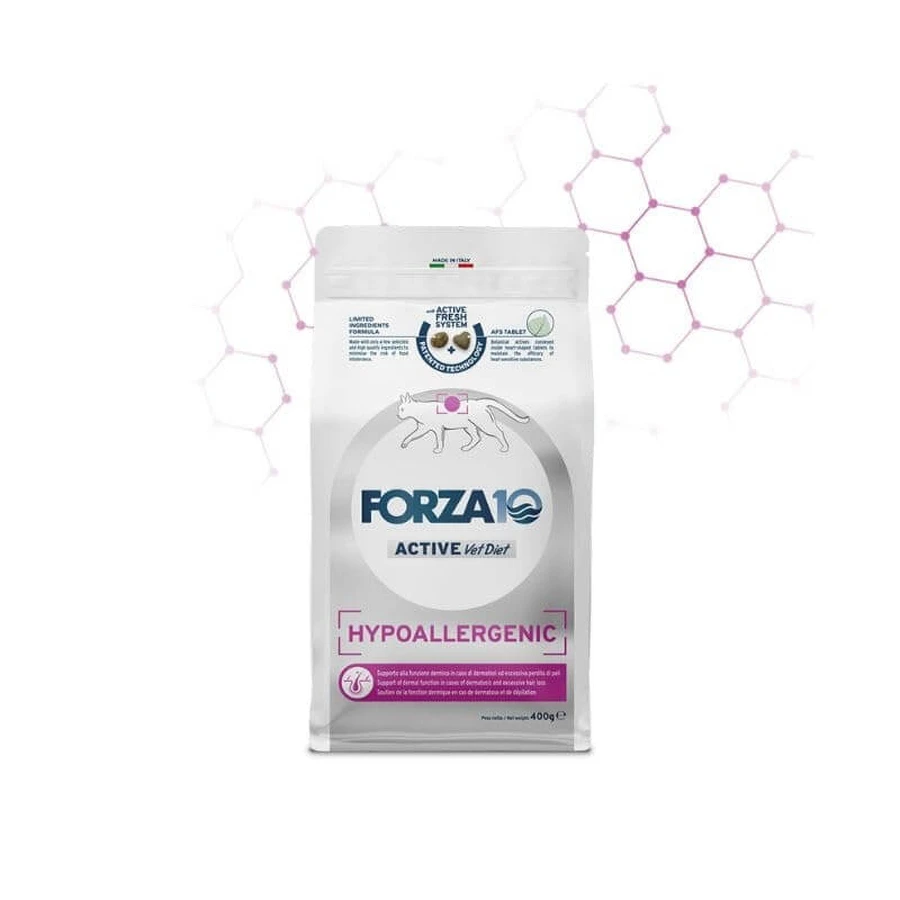 Forza10 Active vet diet hipoalergenic cu pește – hrană completă pentru pisici adulte cu dermatoză, 400 g