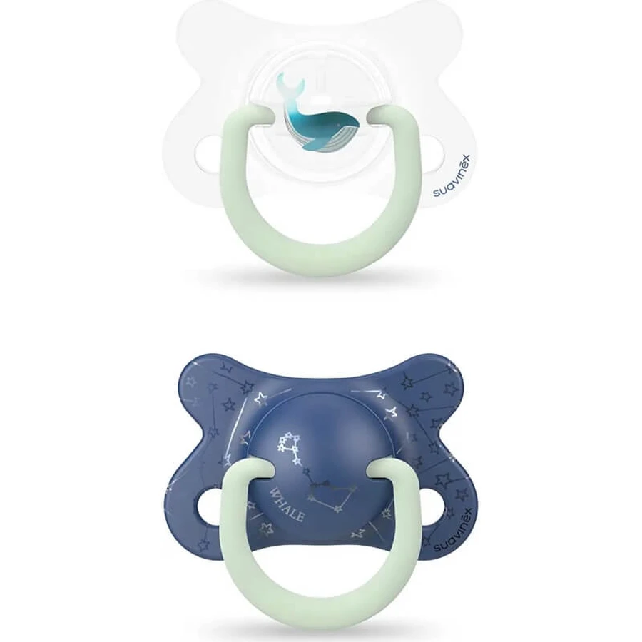 Suavinex Night &amp; Day Whale - 2 siliconenfopspenen voor baby’s van 4 tot 18 maanden