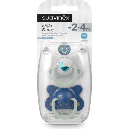 Suavinex Night &amp; Day Whale - 2 siliconenfopspenen voor baby’s van 4 tot 18 maanden