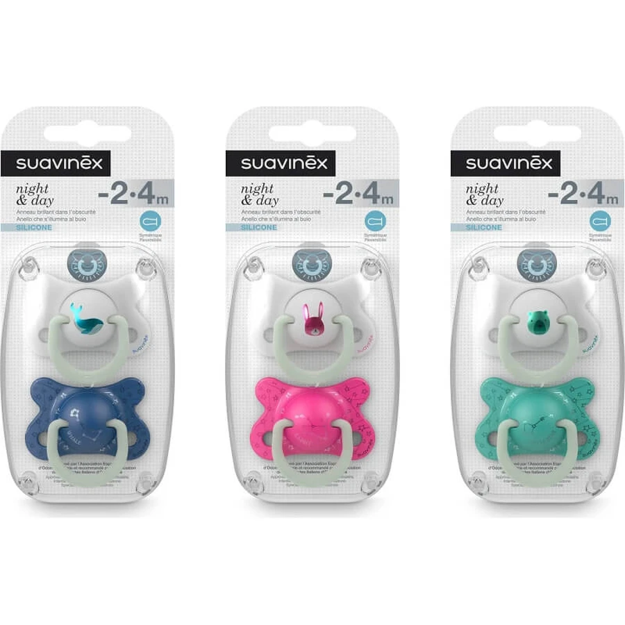 Suavinex Night &amp; Day Whale - 2 siliconenfopspenen voor baby’s van 4 tot 18 maanden