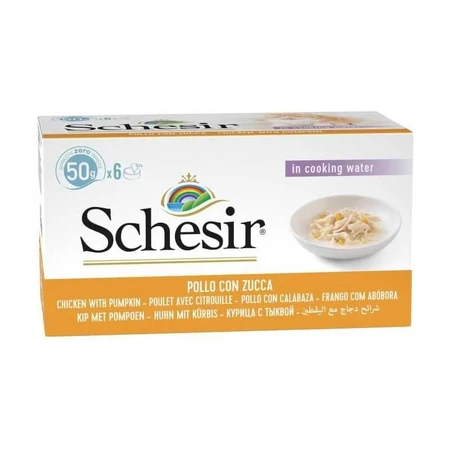 Schesir Multipack Kipfilets met Pompoen - Compleet voer voor volwassen katten die op dieet zijn of een kieskeurige eetlust hebben, 6 x 50 g