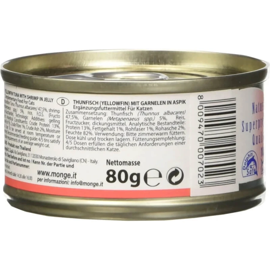 Monge Natural jelly ton/creveți – hrană umedă pentru pisici, conservă de 80 g