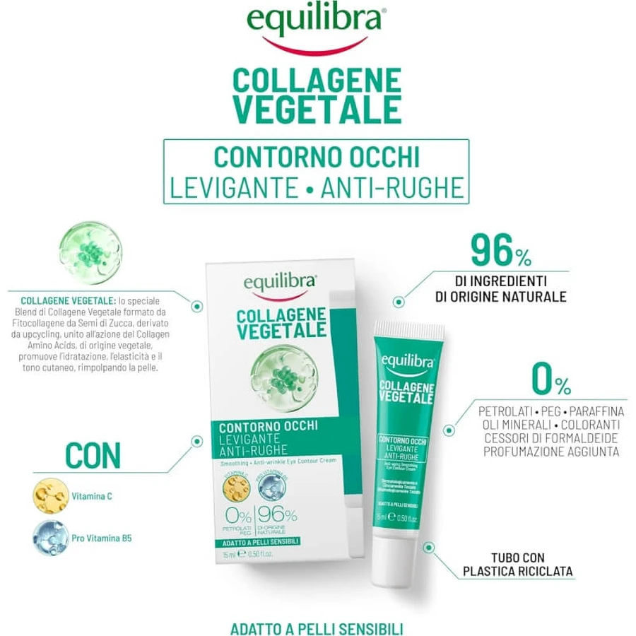 Collagène d'origine végétale Equilibra - Crème lissante anti-rides pour le contour des yeux, 15 ml