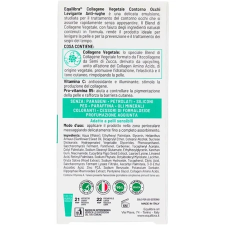 Collagène d'origine végétale Equilibra - Crème lissante anti-rides pour le contour des yeux, 15 ml