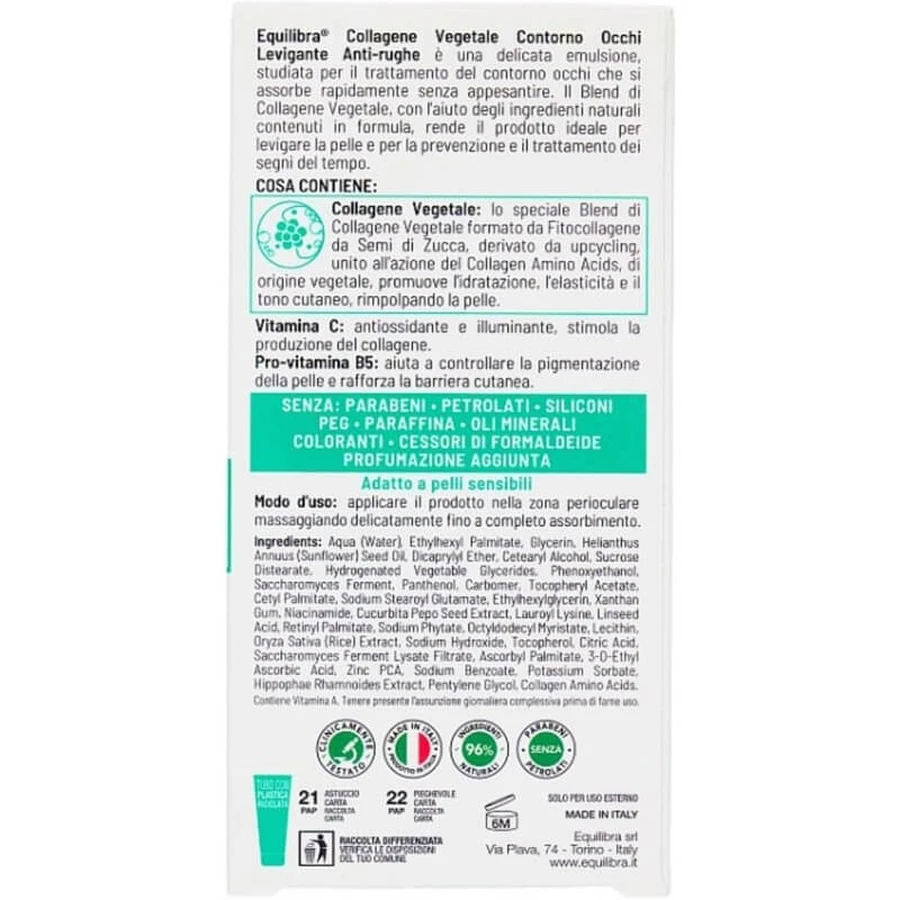 Collagène d'origine végétale Equilibra - Crème lissante anti-rides pour le contour des yeux, 15 ml