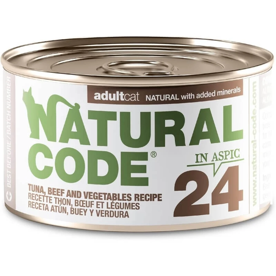 Natural Code 24 ton, carne de vită și legume – hrană completă pentru pisici adulte, 85 g