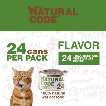 Natural Code 24 ton, carne de vită și legume – hrană completă pentru pisici adulte, 85 g
