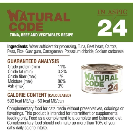 Natural Code 24 ton, carne de vită și legume – hrană completă pentru pisici adulte, 85 g