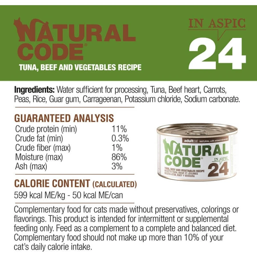 Natural Code 24 ton, carne de vită și legume – hrană completă pentru pisici adulte, 85 g