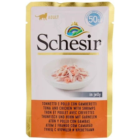 Schesir Atún y pollo con gambas en gelatina - Alimento completo para gatos adultos, 50 g