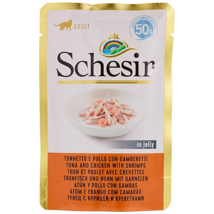 Schesir Atún y pollo con gambas en gelatina - Alimento completo para gatos adultos, 50 g