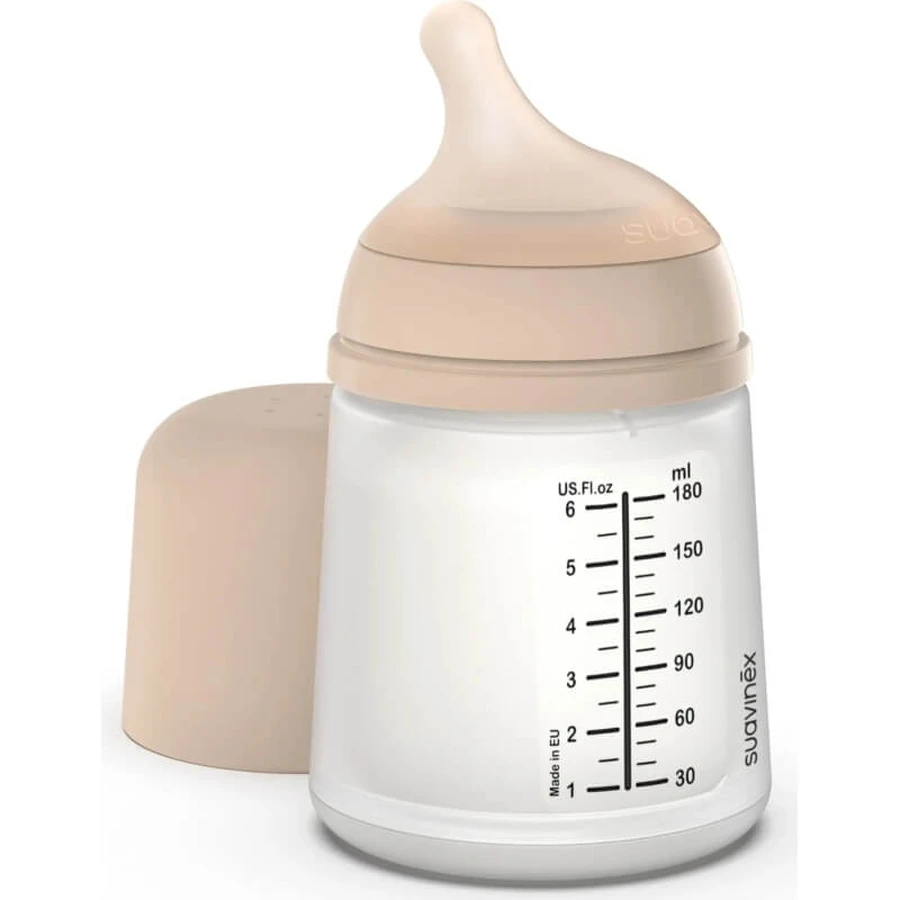 Suavinex Zero Zero Slow +0 m - Biberón anticólicos con flujo lento, 180 ml - Color nude claro