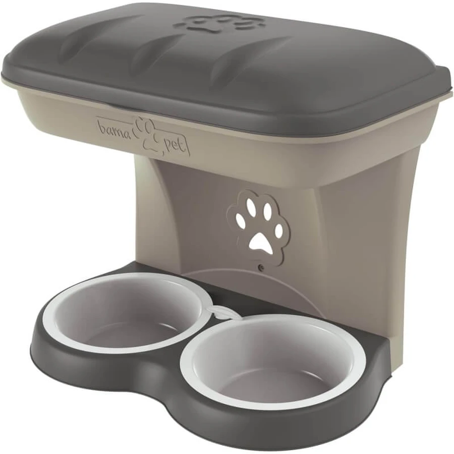 Stand Bama Pet Food Maxi – hrănitoare înălțată, ergonomică, cu două boluri și compartiment de depozitare montat pe perete, din plastic de culoare gri-bej