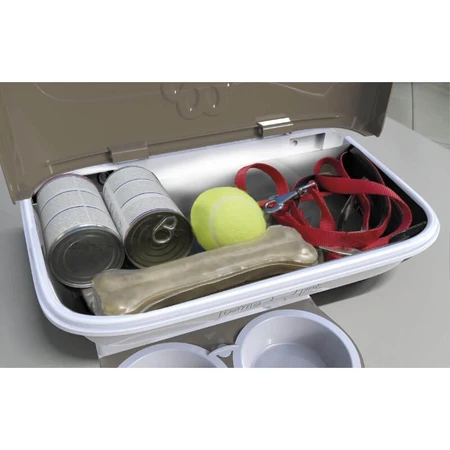 Stand Bama Pet Food Maxi – hrănitoare înălțată, ergonomică, cu două boluri și compartiment de depozitare montat pe perete, din plastic de culoare gri-bej