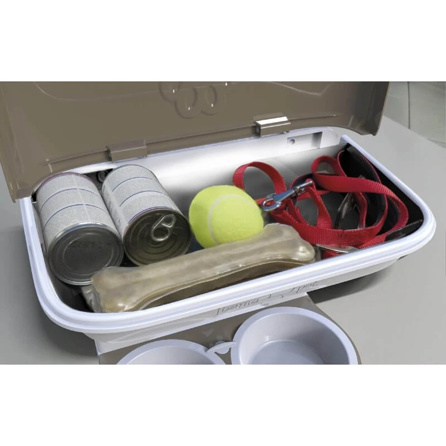 Stand Bama Pet Food Maxi – hrănitoare înălțată, ergonomică, cu două boluri și compartiment de depozitare montat pe perete, din plastic de culoare gri-bej