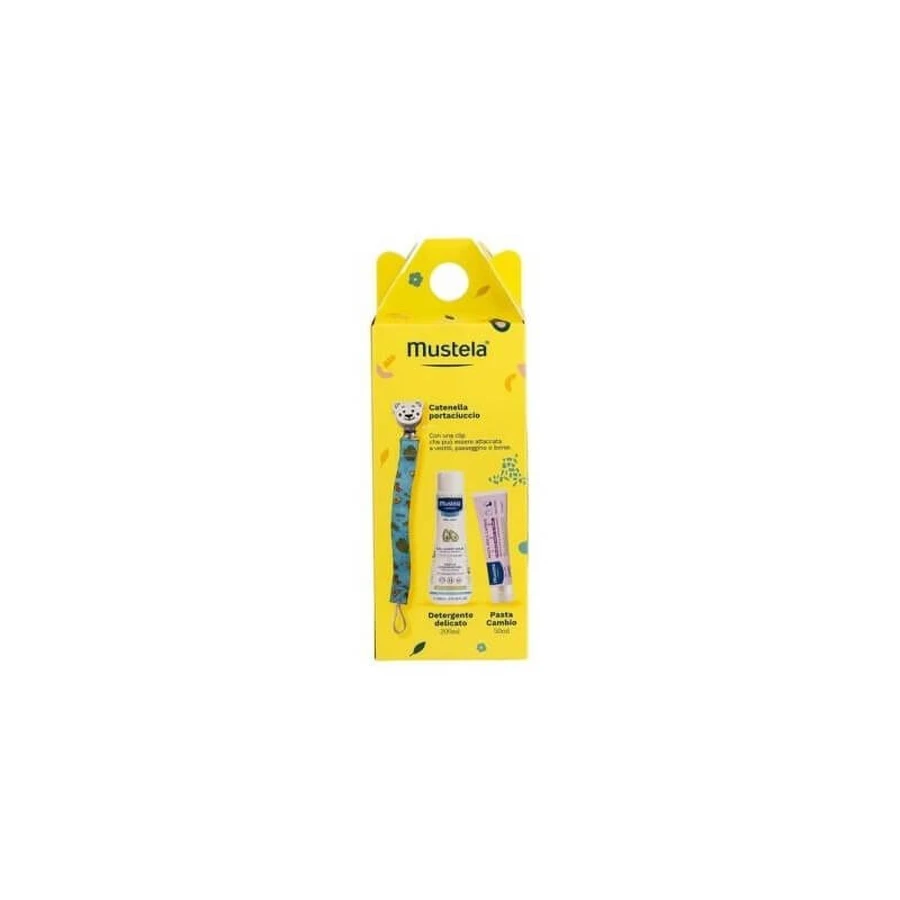 Mustela Welkomstpakket - Cadeauset met fopspeenhouder aan een ketting, milde reiniger en crème tegen luieruitslag